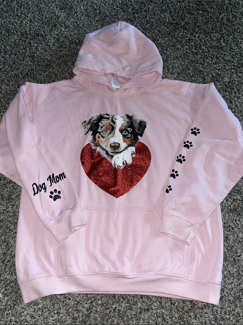 Dog Mom Pink Hoodie with Heart & Paw Print (M)